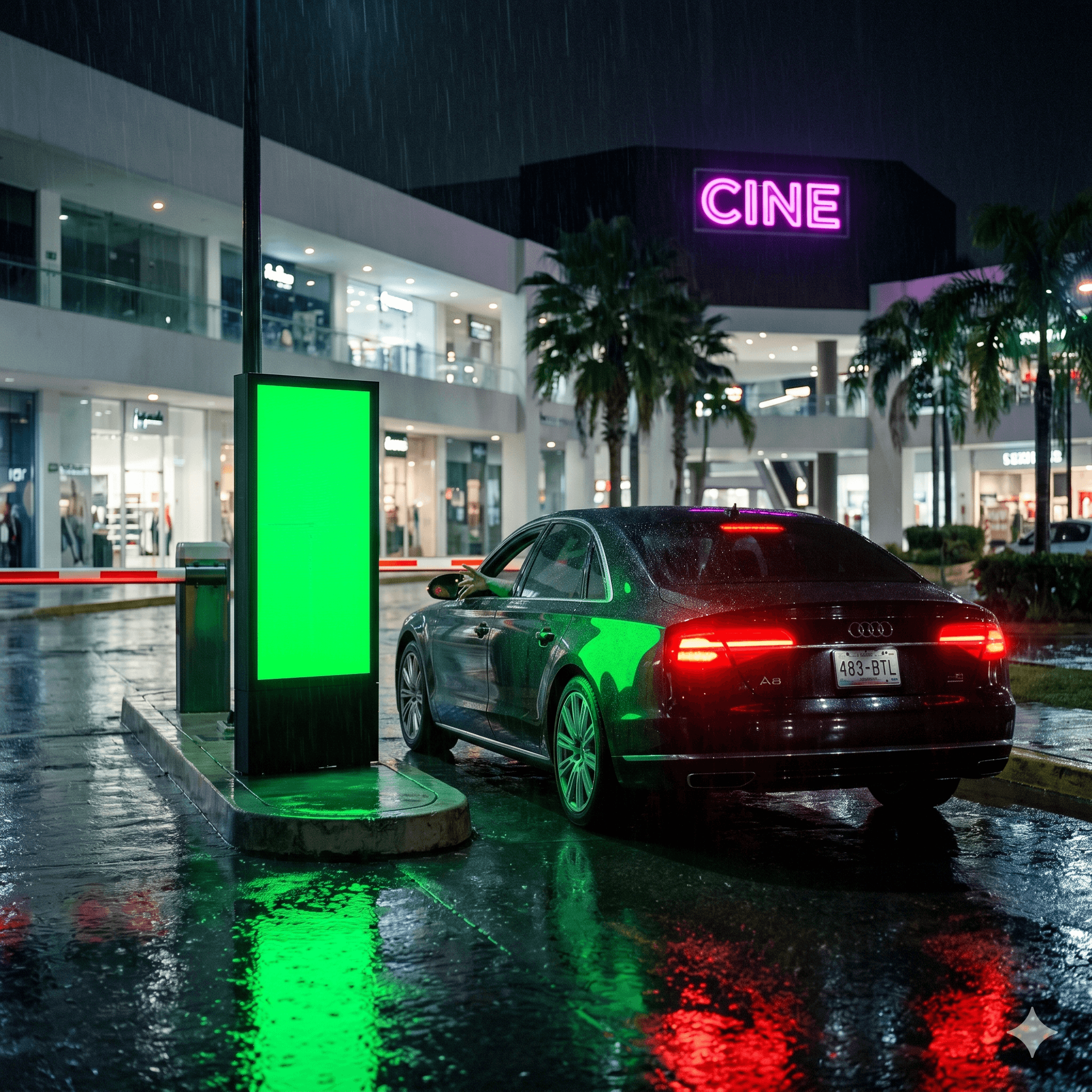 Tótem DBM iluminado en verde neón en la entrada de un centro comercial premium de México, vista nocturna con un Audi A8 frente a la pluma de acceso